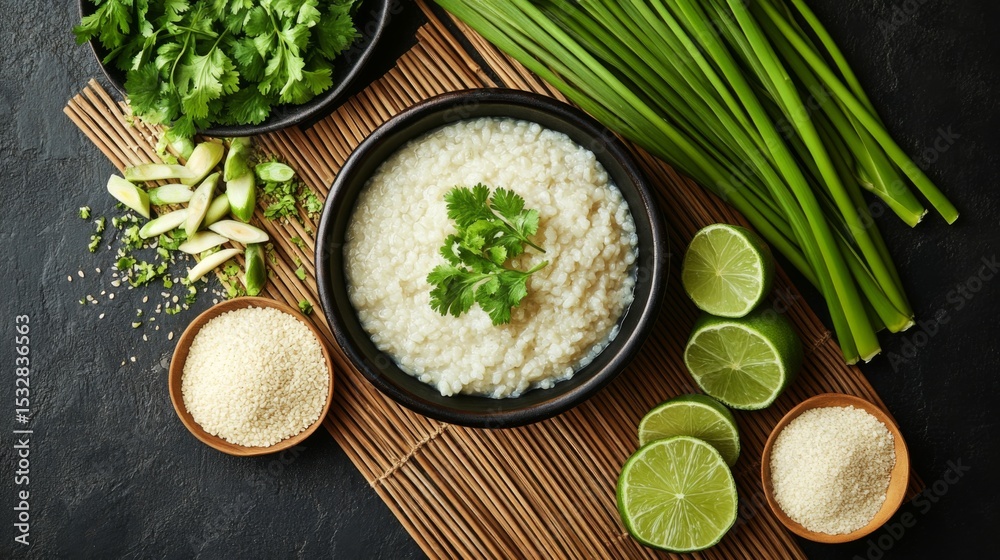Poster a traditional thai setting with a bowl of rice porridge placed on a bamboo mat, accompanied by fresh