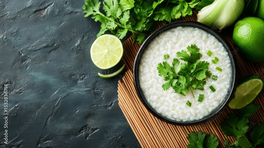 Poster a traditional thai setting with a bowl of rice porridge placed on a bamboo mat, accompanied by fresh