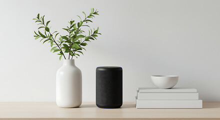 Smart speaker with plant decoration and minimalist d?cor on wooden tabletop, smart speaker, voice assistant, technology, home automation, artificial intelligence, ai, device, modern, interior, decor, 
