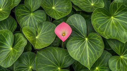 Fototapeta premium Pink Anthurium Flower with Green Leaves Surrounding Botanical Garden Scene