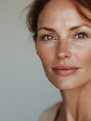 Portrait Close-up of 50 Year Old Well-Groomed Woman with Glowing Skin and Minimal Makeup