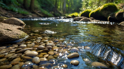 Fototapeta premium A quiet brook in the forest, where tiny silver fish dart between glossy river pebbles beneath transparent, flowing water under dappled sunlight.