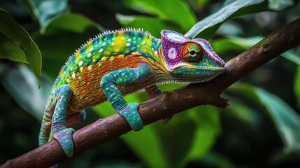 Stunning Close-Up of a Colorful Chameleon Camouflaged in Lush Jungle Foliage