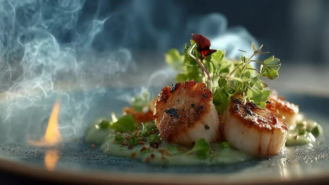 fine dining garnished sear scallops with smoke and flame on plate 