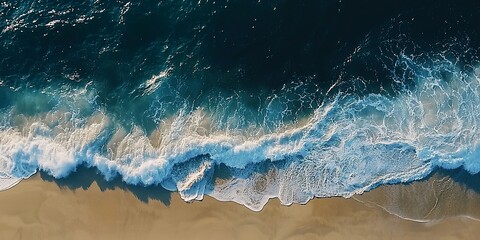 Captivating aerial view of ocean waves crashing on the sandy shore pristine beach