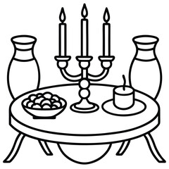 Elegant Tabletop Still Life with Candelabra, Vases, and Treats: A Timeless Black and White Composition Depicting Harmony and Simple Pleasures, Perfect for Art Prints or Home Decor Projects