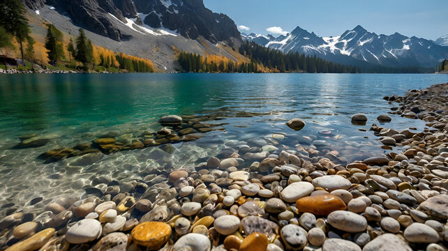 After rain, a shallow pool of water forms over a pebble path in a garden, reflecting the sky while showing the individual stones clearly through the transparent water.