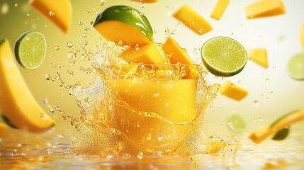 A refreshing close up of a vibrant mango juice splash with fresh mango and lime pieces floating in the air