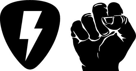 Rock music symbols featuring guitar pick, amp knob, and clenched hand design for posters and music themes