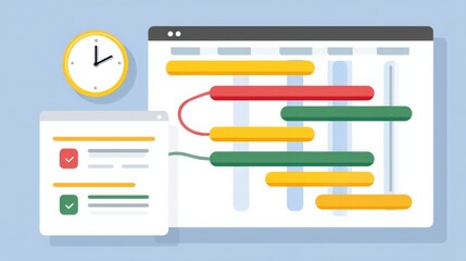 Fototapeta premium Digital Project Management Interface Featuring Gantt Chart and Task Checklists on a Soft Blue Background