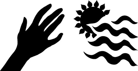 Fototapeta premium Silhouette of hand with abstract sun and waves design for creative projects