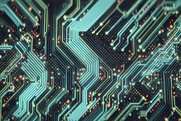 Fototapeta premium Close-up view of a circuit board, with intricate details of electronic components. The neon light effect creates a futuristic feel
