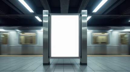 A blank ad panel stands illuminated in a modern subway station