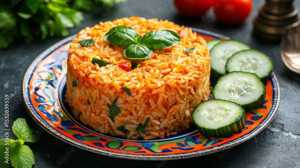 Poster a vibrant presentation of fried rice and omelet with fresh herbs and sliced cucumbers on the side, b