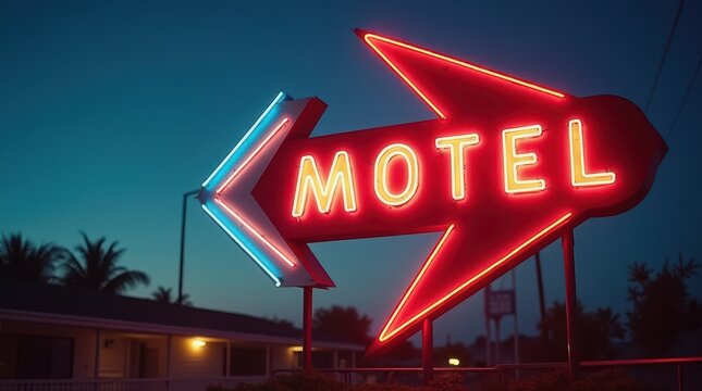 A glowing red and blue neon motel sign with a left-pointing arrow stands out against a twilight sky, evoking nostalgia and the spirit of American road trips.