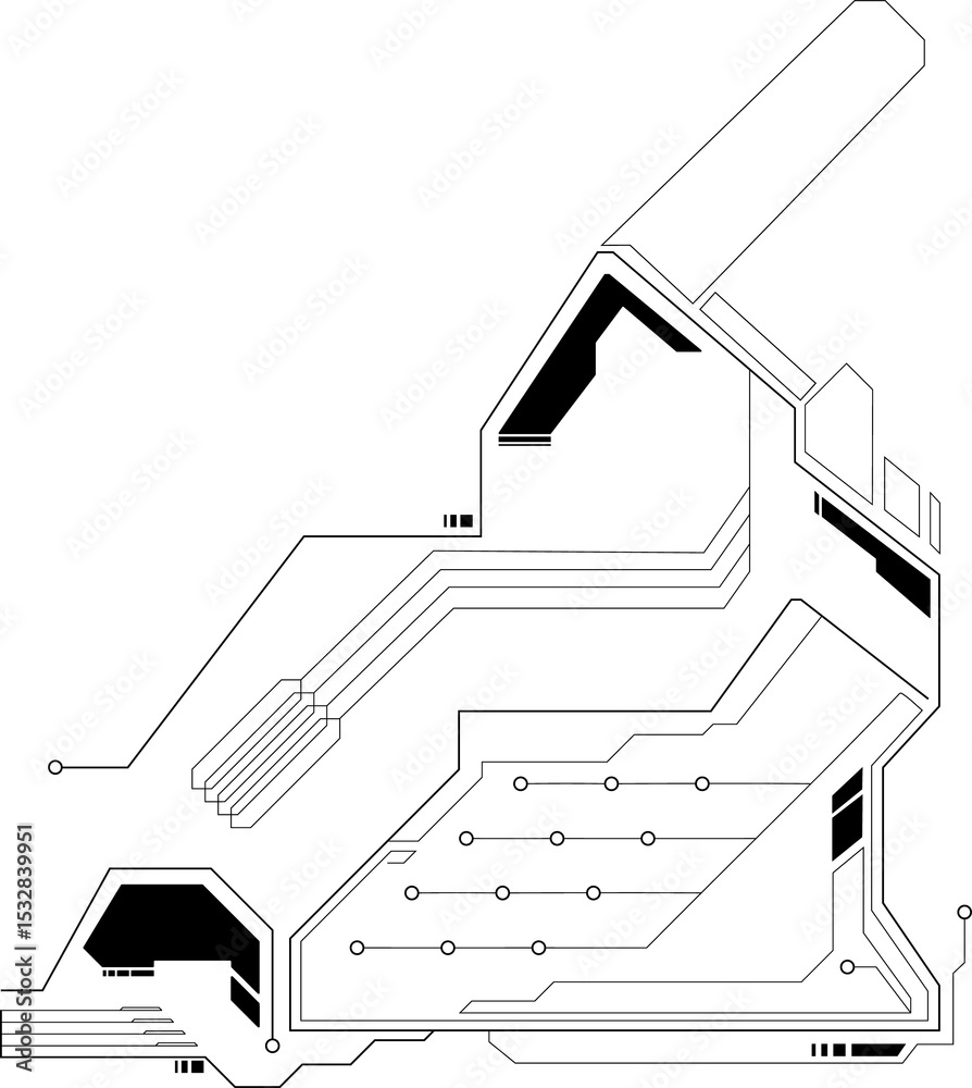 Poster abstract circuit trace is forming in flat design with nodes and blocks on transparent background