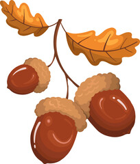 Cartoon-style three brown acorns are hanging from twig with orange leaves on transparent backdrop
