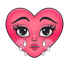 Anthropomorphic pink heart is crying in flat design with glossy teardrops, transparent backdrop