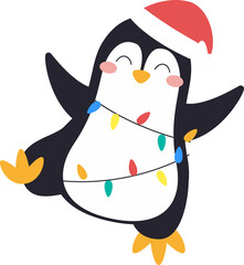 Festive penguin is standing in flat design on transparent background, wearing Santa hat and lights