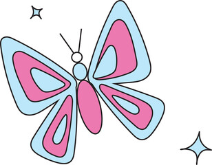 Butterfly is floating in transparent vector design with pastel wings, star sparkles, copy space