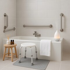 Fototapeta premium Accessible Modern Bathroom with Grab Bars Bath Stool and Wellness Items for Elderly or Disabled Care
