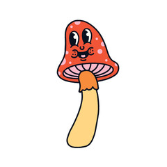 Cartoon mushroom with red-spotted cap is floating on transparent background with smiling face