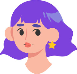 Flat-style cartoon female head is being shown with purple hair star earring transparent background