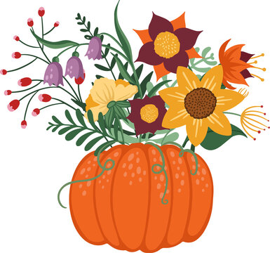 Fototapeta Autumn sunflower display is emerging from flat-style pumpkin on transparent background, copy space