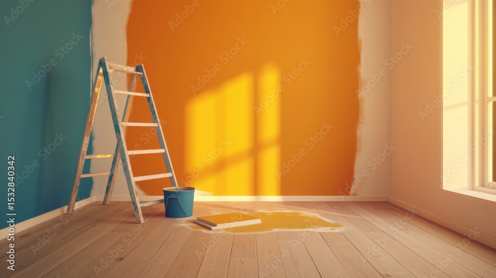 Aufkleber a view of a partially painted room, with one wall in a soothing color and a ladder leaning against a