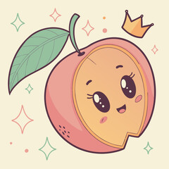 Obraz premium Cute cartoon peach with a smiling face, wearing a crown and surrounded by sparkling stars, on a light background