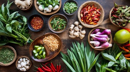 A vibrant Thai kitchen filled with fresh ingredients like lemongrass, chili, and basil, beautifully arranged on a wooden countertop, highlighting the essence of Thai cuisine.