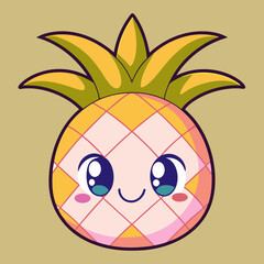 Naklejka premium Cute cartoon pineapple with a smiling face and vibrant green leaves, isolated on a light background