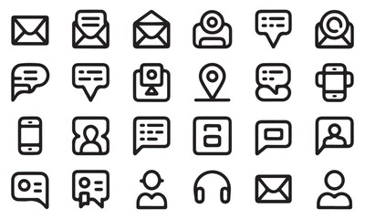 Black and White Vector Line Art Icon Set Communication and Technology Symbols Collection Email Message Chat Smartphone Location Profile User Headphone Multimedia Messaging App Interface Elements