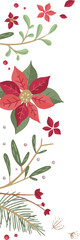 Flat design is showing red star flowers with green leaves, white berries on transparent background