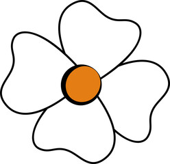 Stylized five-petal flower is floating on transparent background with black outlines, orange center