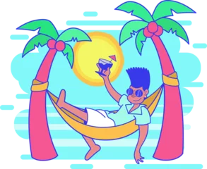  Cartoon character is relaxing in flat hammock with palms, cocktail, sunglasses, transparent bg © vectorfusionart