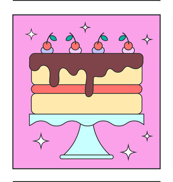 Naklejki Tiered cake is resting in flat design with chocolate drip, cherries and stars, clear background