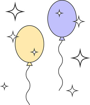 Naklejki Two balloons are hanging from wavy black strings with stars in flat style on transparent background
