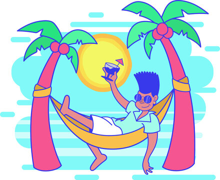 Naklejki Cartoon character is relaxing in flat hammock with palms, cocktail, sunglasses, transparent bg