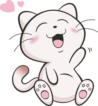 Fototapeta White cartoon cat is waving paw in flat design with floating pink hearts, transparent background