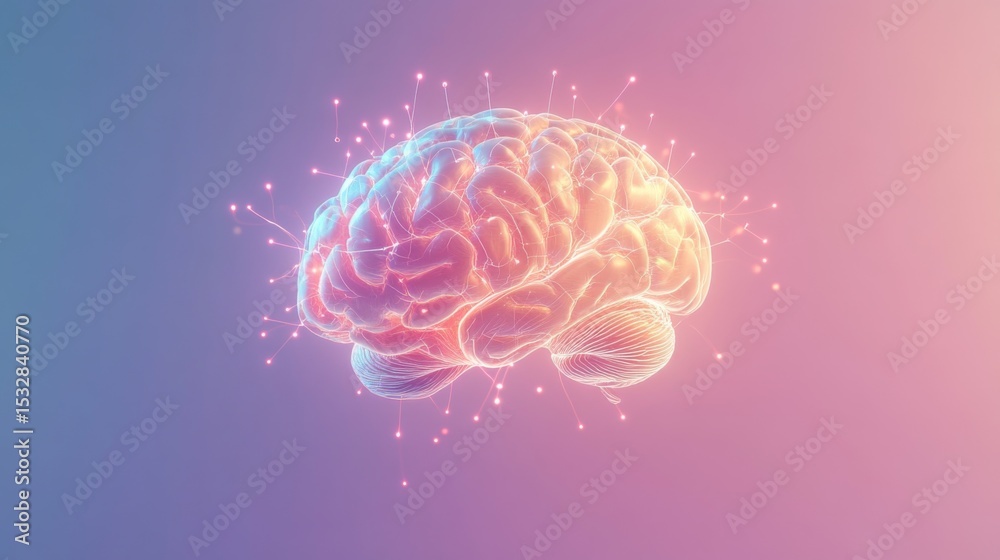 Fototapete A visually striking D rendering of a human brain with glowing synapses and neural connections, set against a gradient background to emphasize its dynamic activity.