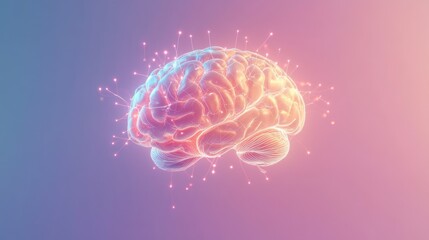 Fototapeta premium A visually striking D rendering of a human brain with glowing synapses and neural connections, set against a gradient background to emphasize its dynamic activity.