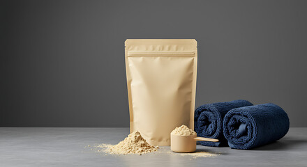 Protein powder packaging with scoop and towels on minimalist gray background, protein powder, supplement, nutrition, fitness, gym, workout, packaging, bag, pouch, scoop, towel, rolled towel, blue towe