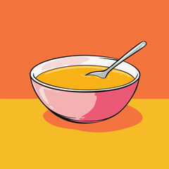 Pink Bowl of Soup with Silver Spoon Cartoon Illustration Style