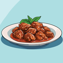 Plate of Meatballs with Tomato Sauce and Basil Leaves Illustration