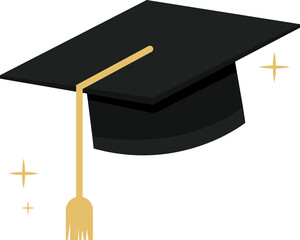 Flat black graduation cap is floating angled with gold tassel, sparkles on transparent background
