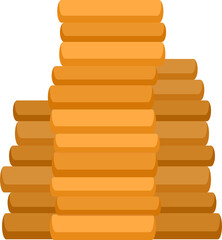 Gold bars are stacking in tiered pyramid layers in flat design on transparent background