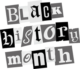 Flat tile collage spelling Black history month is floating in grayscale on clear background