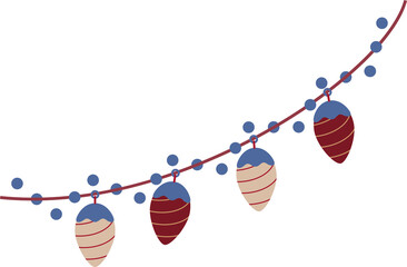 Pinecone lights are hanging on red cord, vector art with blue bulbs, transparent background