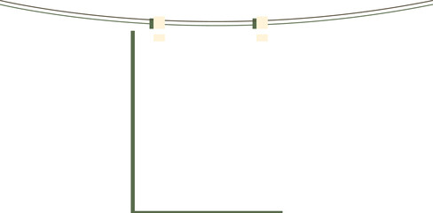 Flat vector white rectangular frame is hanging by beige tape on brown cord, transparent background